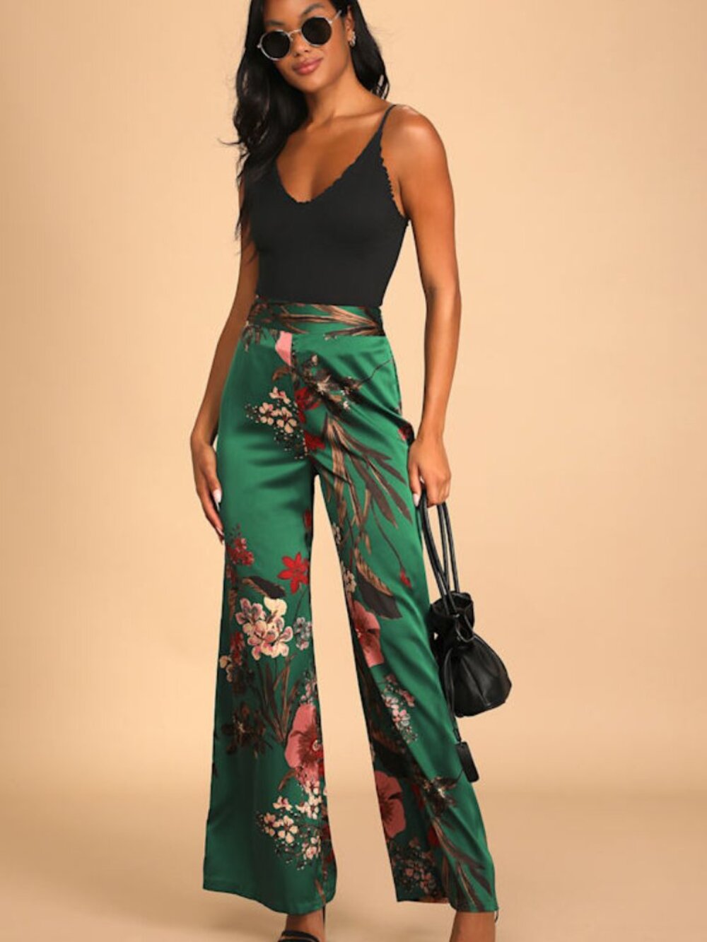 Lulus Thriving Vibes Green Floral Print Satin Wide-leg Pants - Size M